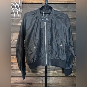 Free People Black Bomber Jacket with Snap Pockets